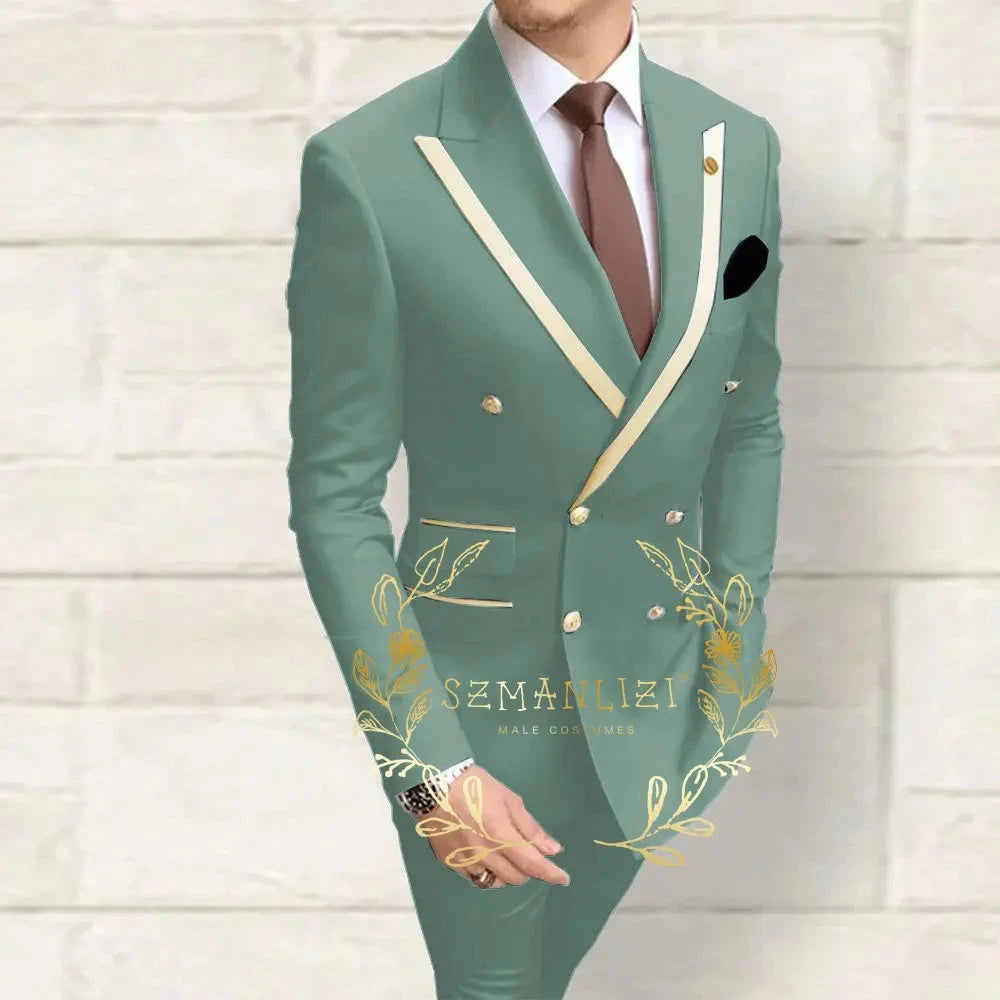 Double Breasted Men's Suits Navy Blue Peaked Lapel Slim Fit GlowCart
