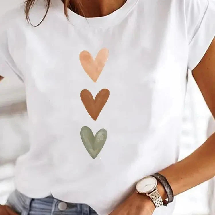 Love Heart Print Women Summer T Shirt Girl O Neck Funny Y2K GlowCart