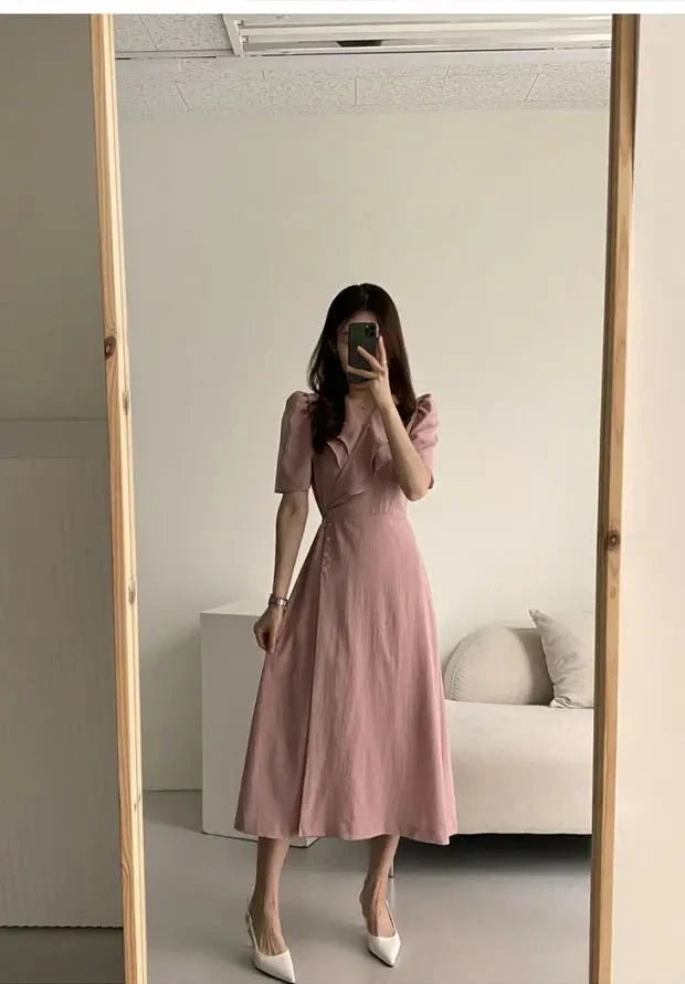 Summer New Chic V-ne Turn-down Collar Slimming Waist Midi Dr GlowCart