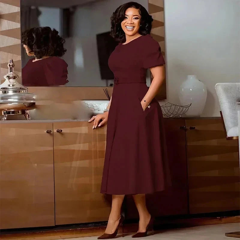 Ladies Office Dresses Women Formal Work O-Neck Puff Sleeve GlowCart