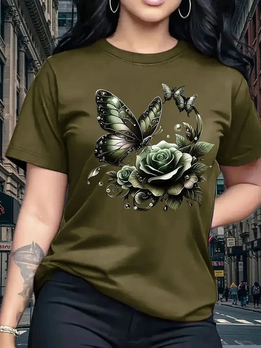 Women's Rose Butterfly Print Fashion Casual T-Shirt Short GlowCart
