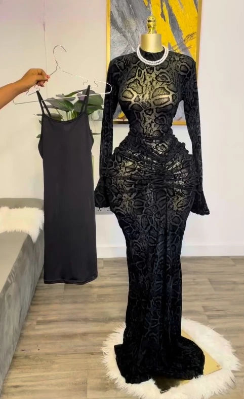 CM.YAYA Women Long Sleeve Stacked Mesh See Though with Lining Bodycon Long Dress 2025 Autumn Evening Birthday Sexy Party Dresses GlowCart