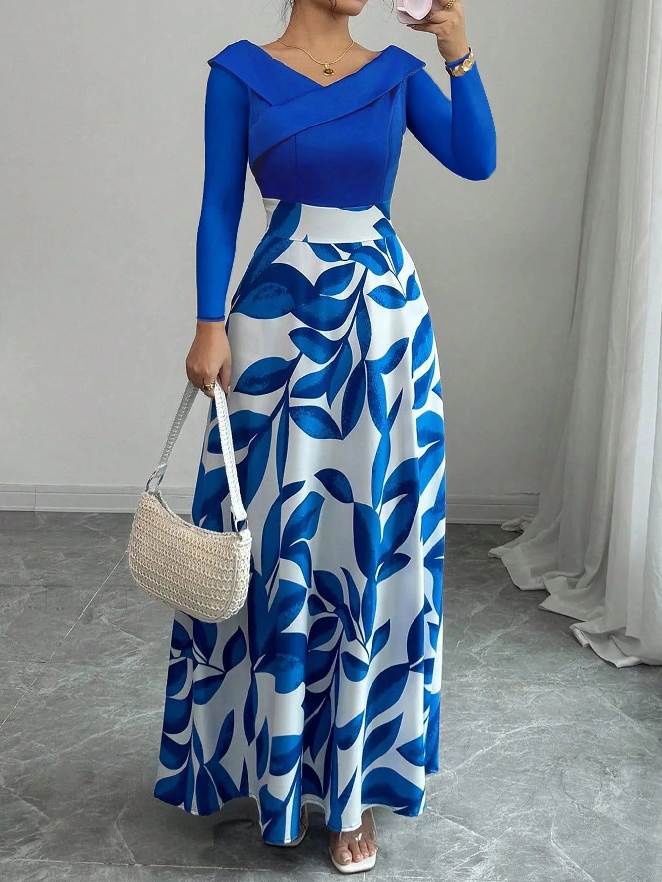 Women's Blue White Floral Maxi Dress Asymmetric Neckline GlowCart