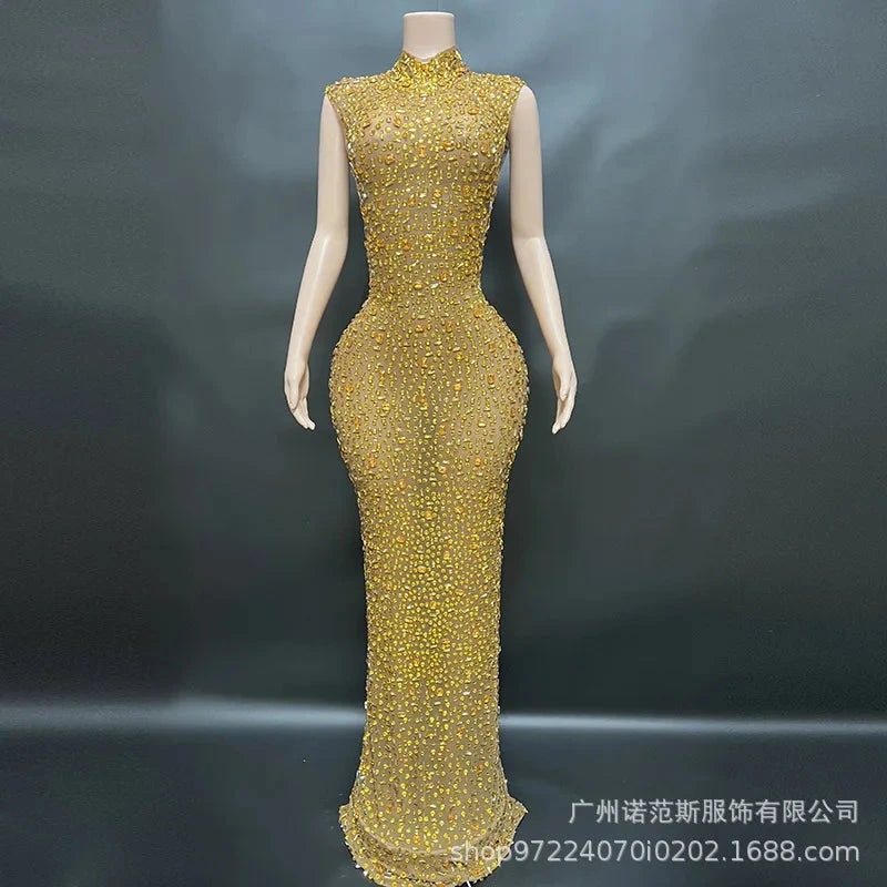Sexy Full Drill Elastic Slim Fit Sleeveless Long Dress - Hip GlowCart