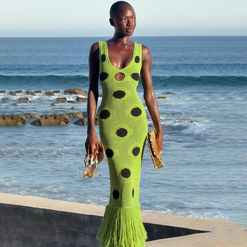 Knitted Hollow Out Tassel Splicing Dress Female Sleeveless O-neck Slim Sexy 2025 Summer Long Dresses Women Party Vacation Green GlowCart