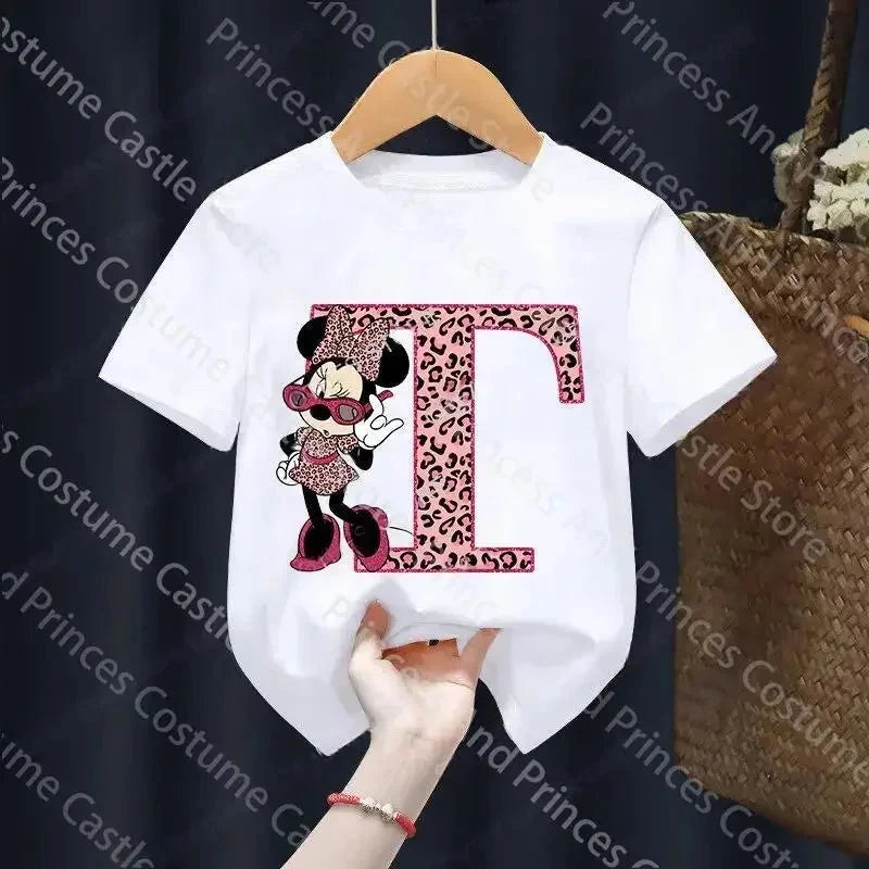 Letter A-Z Minnie Children  T-Shirts Name Combination Disney Kawaii Cartoons Clothes Kids Little Boy Girl Tee Shirts Casua GlowCart