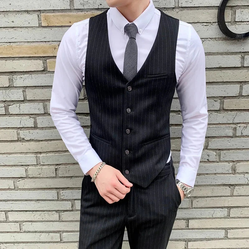Fashion Men Business Checkered Striped Suit Vest Black / GlowCart