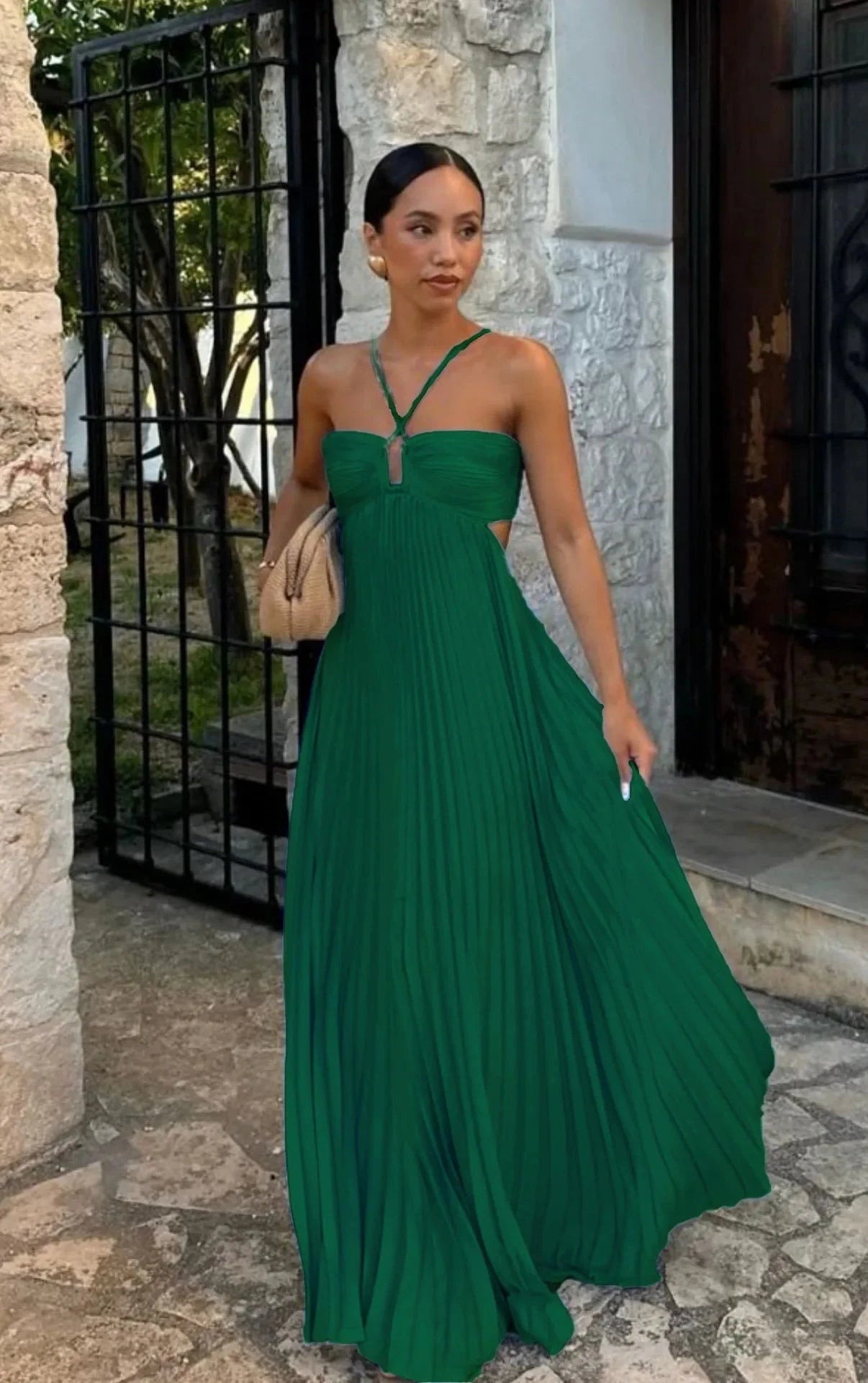 2025 High Waist Pleats Robe Dress Casual Sleeveless Solid GlowCart