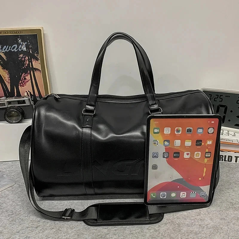Minimalist Black PU Leather Travel Duffel Bag for Men Water GlowCart