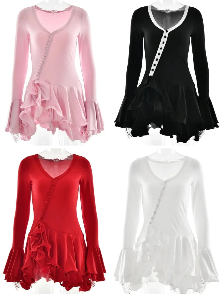 Absobe Women's A-Line Bodycon Mini Dress Ruffle Hem V-Neck GlowCart