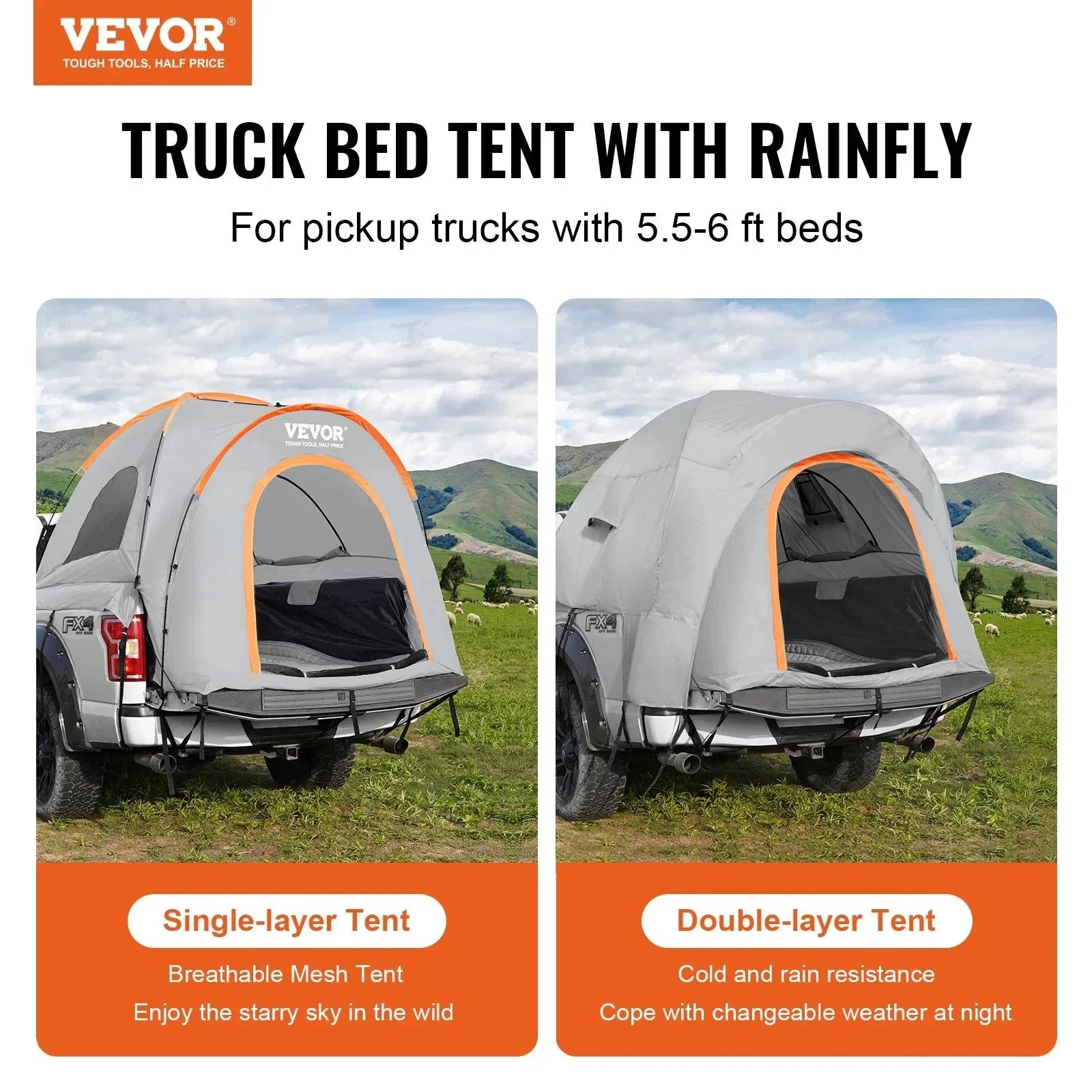 Truck Bed Tent, 5.5'-6' Pickup Truck Tent with Rain Layer GlowCart