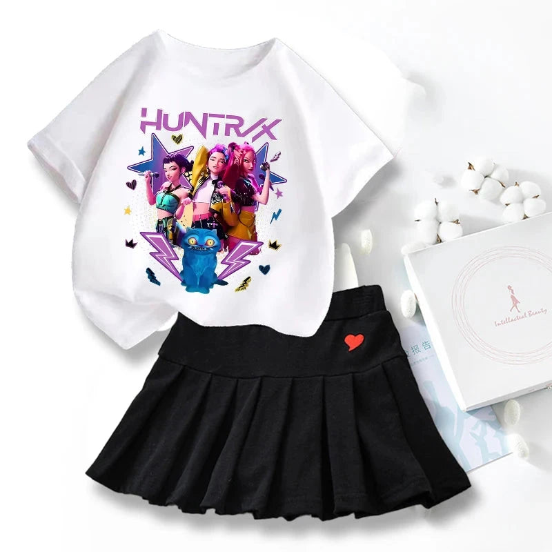 New K Pop Demon Hunters T-shirts Skirt Set Kawaii Cartoon Graphic T-shirt Kids Casual Short Sleeves Tops Summer Girl Clothes GlowCart