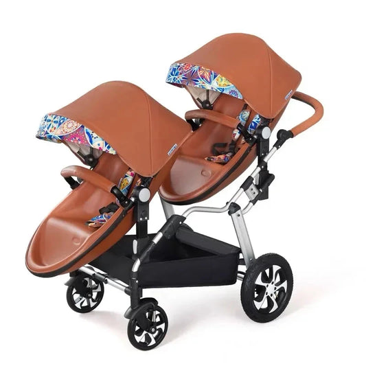 NEW Twins baby stroller 2 in 1 foldable two children PU leather waterproof stroller Double baby carriage twin strollers for 2 GlowCart