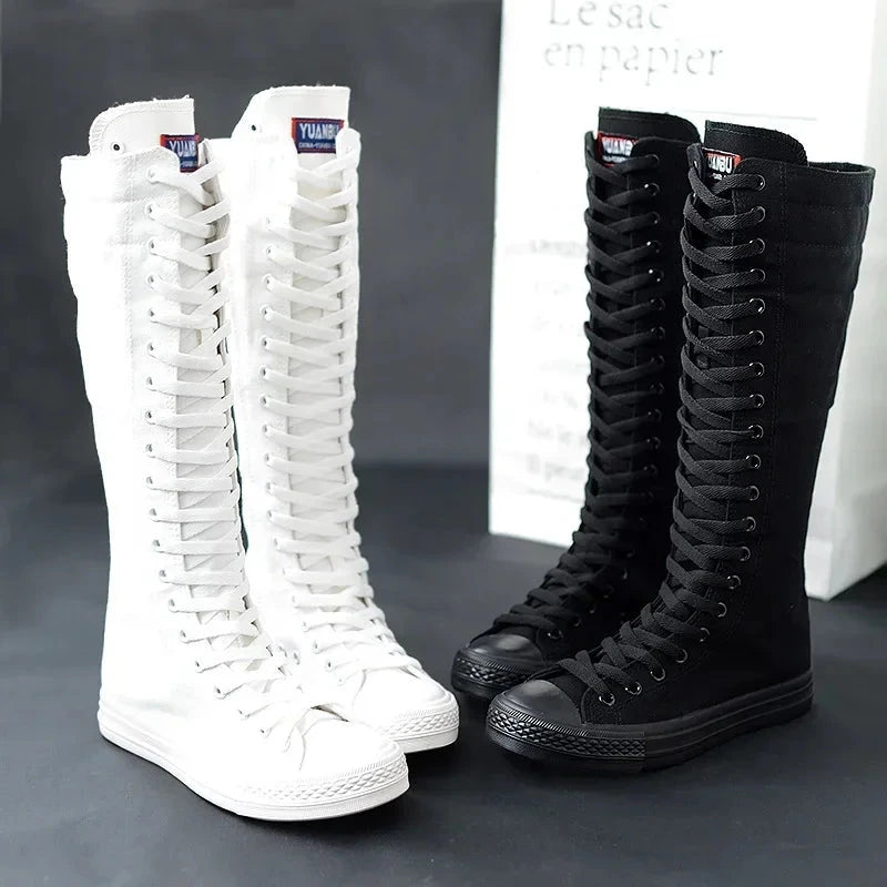 Canvas Long Boots for Women High Top Women Canvas Shoes Lace GlowCart