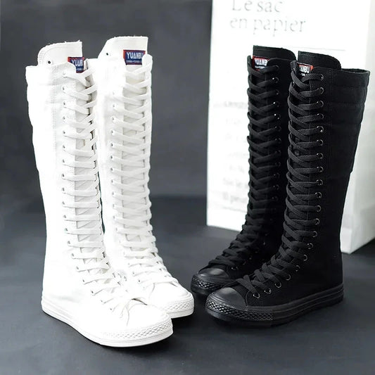 Canvas Long Boots for Women High Top Women Canvas Shoes Lace GlowCart