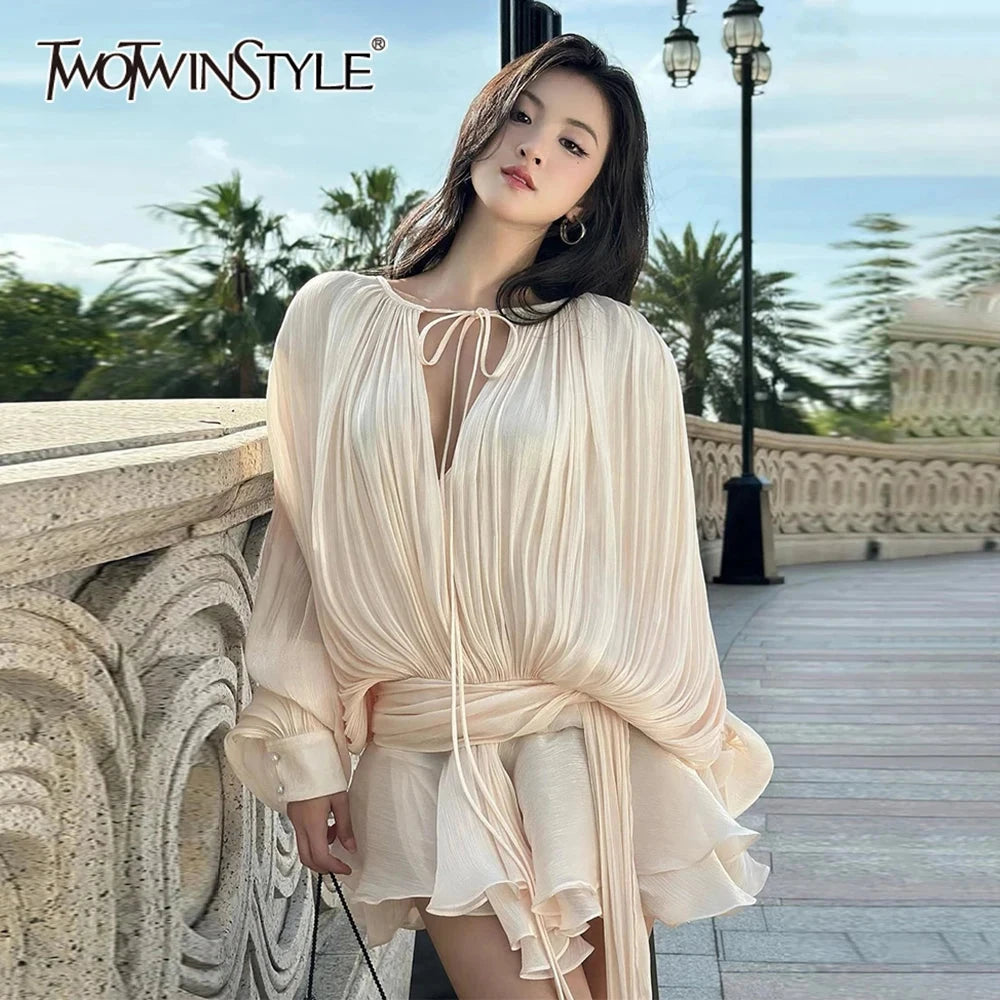 TWOTWINSTYLE Solid Patchwork Lace Up Blouse Mini Dresses For GlowCart