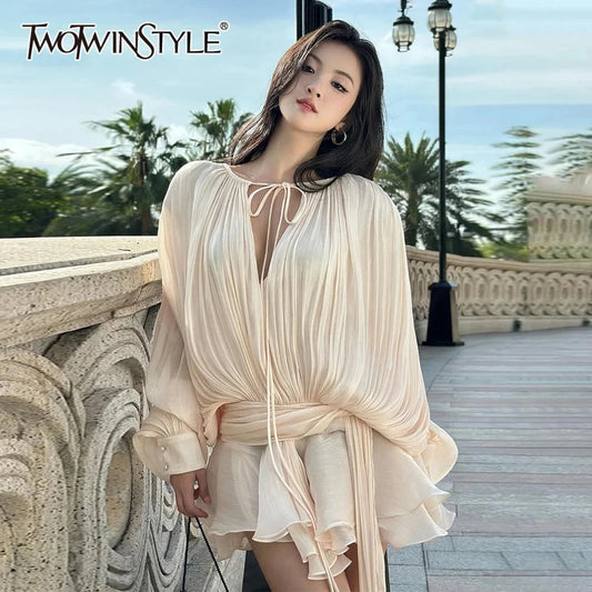 TWOTWINSTYLE Solid Patchwork Lace Up Blouse Mini Dresses For GlowCart