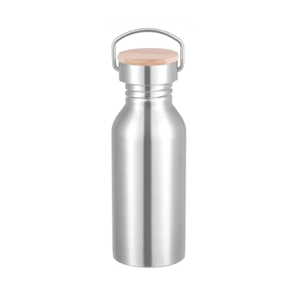Silver Single Wall Water Bottle 304 Stainless Steel Water Bottles Portable Leak-Proof Bamboo Lid Insulated Metal Flask GlowCart