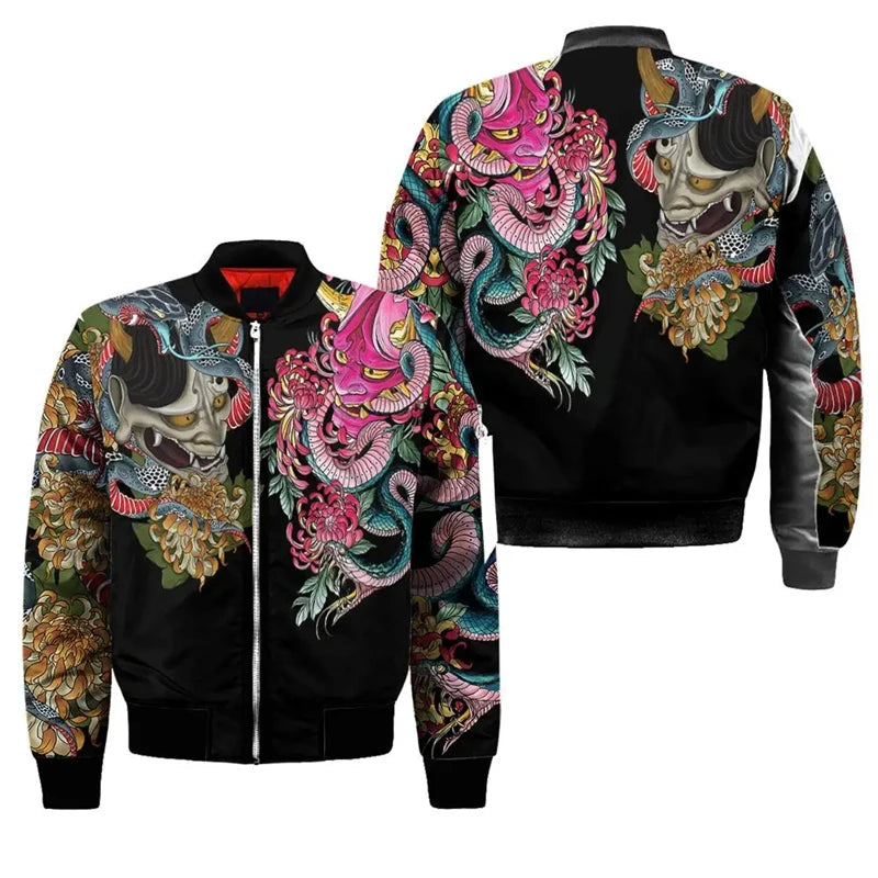Spring Autumn Mens Bomber Jacket Samurai Oni Mask Tattoo 3D All Over Printed Zip Tracksuits Unisex Casual Zipper Jacket Clothing GlowCart