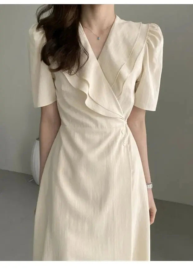 Summer New Chic V-ne Turn-down Collar Slimming Waist Midi Dr GlowCart