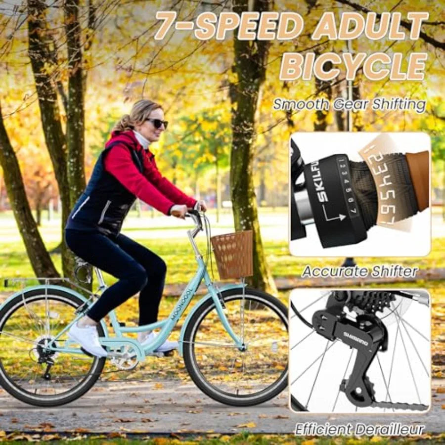 Womens Bike 7 Speed 24 26 inch Beach Cruiser Bikes for Women Step Through Adult Bicycle with Front Basket for City Commuting GlowCart