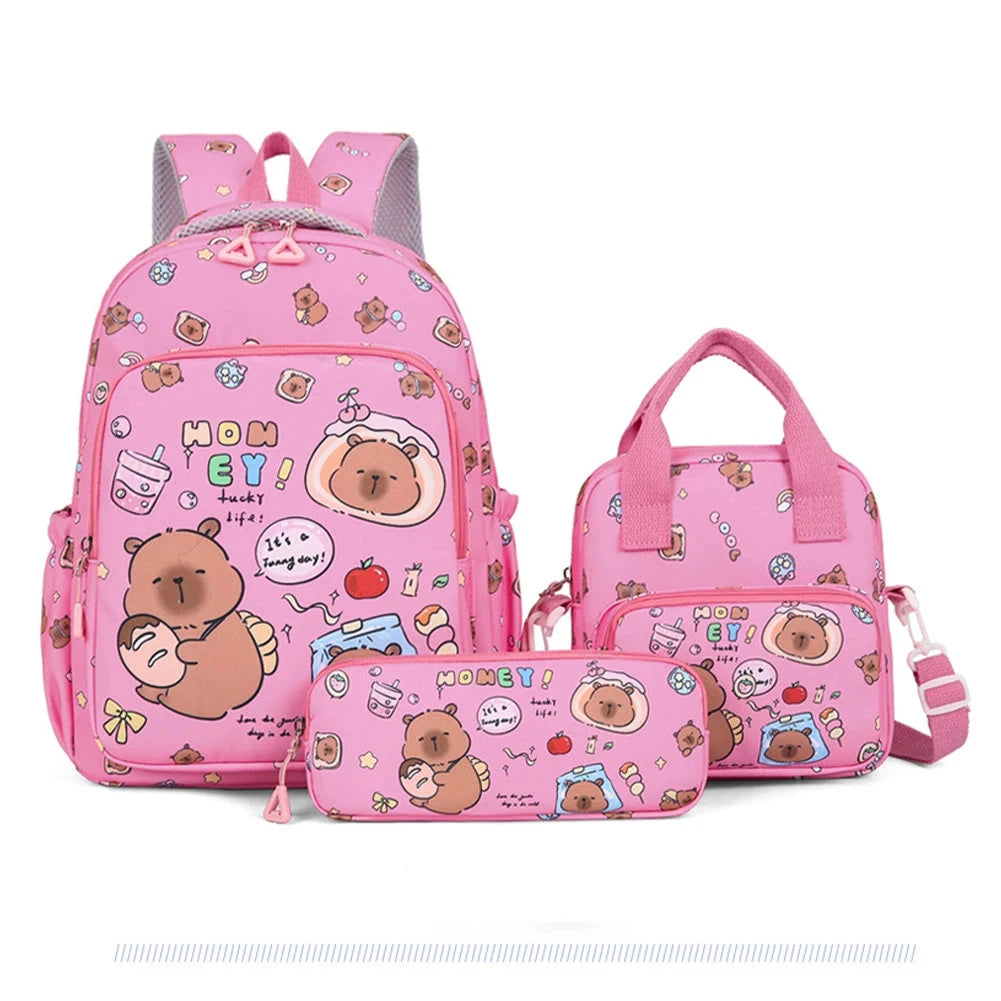 3in1 School Backpack Set Nylon Cute Bookbag Going Out Cartoon Laptop Travel Bag Breathable Back Large Capacity Cute Capybara Bag GlowCart