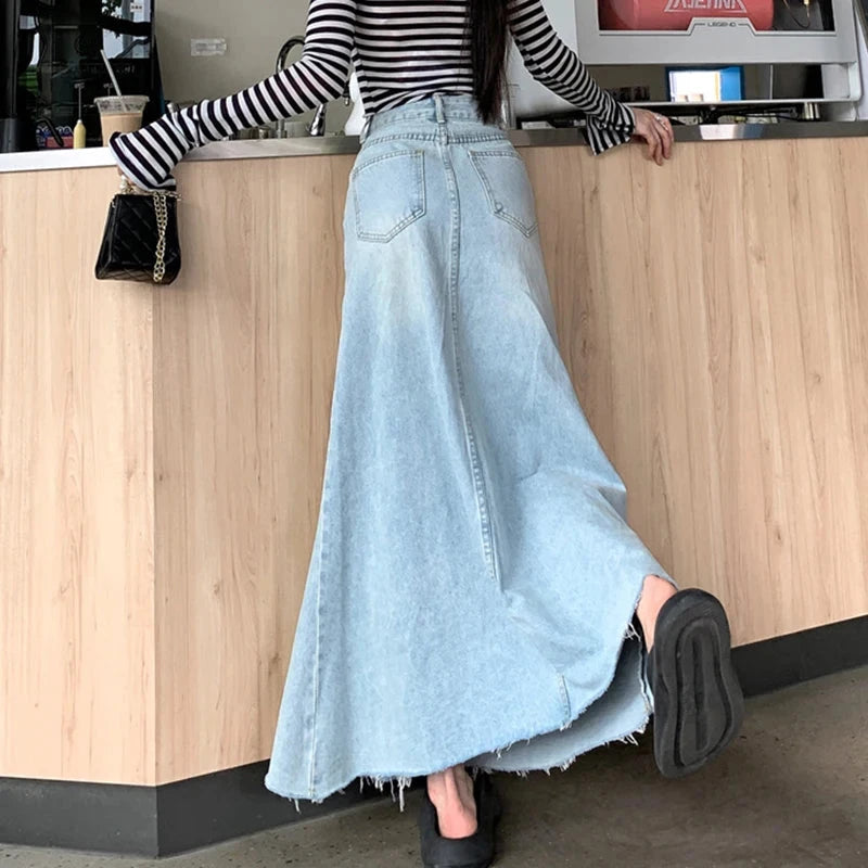 Autumn 2025 High Waist A-Line Denim Skirt for Women Y2K Style with Raw Hem Flared Maxi Bodycon Trend Retro GlowCart