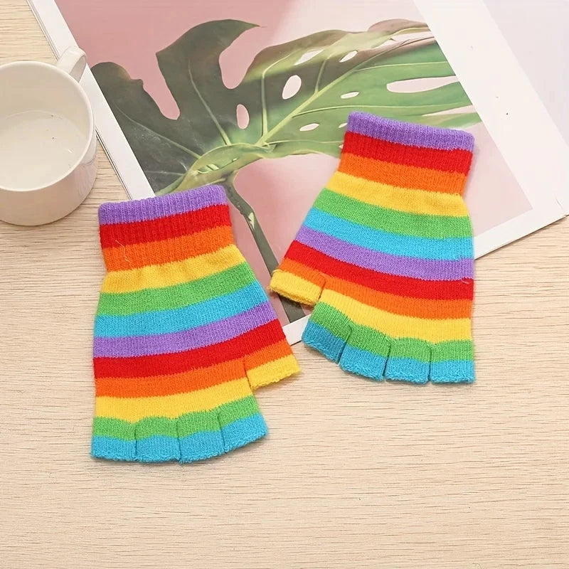 Rainbow Striped Knit Gloves, Thickened Warm Half-Finger GlowCart