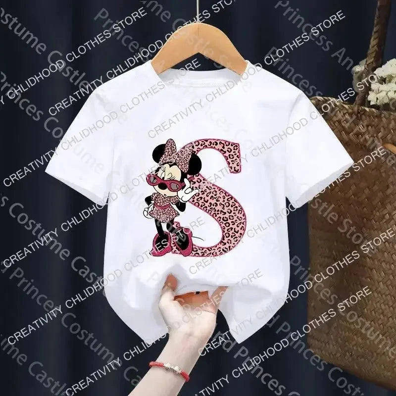 Letter A-Z Minnie Children  T-Shirts Name Combination Disney Kawaii Cartoons Clothes Kids Little Boy Girl Tee Shirts Casua GlowCart