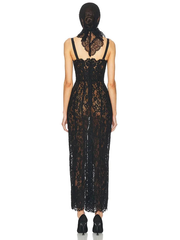 Sexy Spaghetti Strap V Neck Lace Long Dress Women Black GlowCart