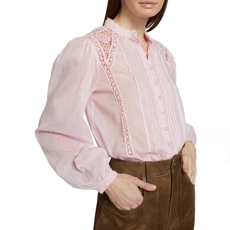 pink Women Hollow Out Lace Long Sleeve shirt 100% cotton GlowCart
