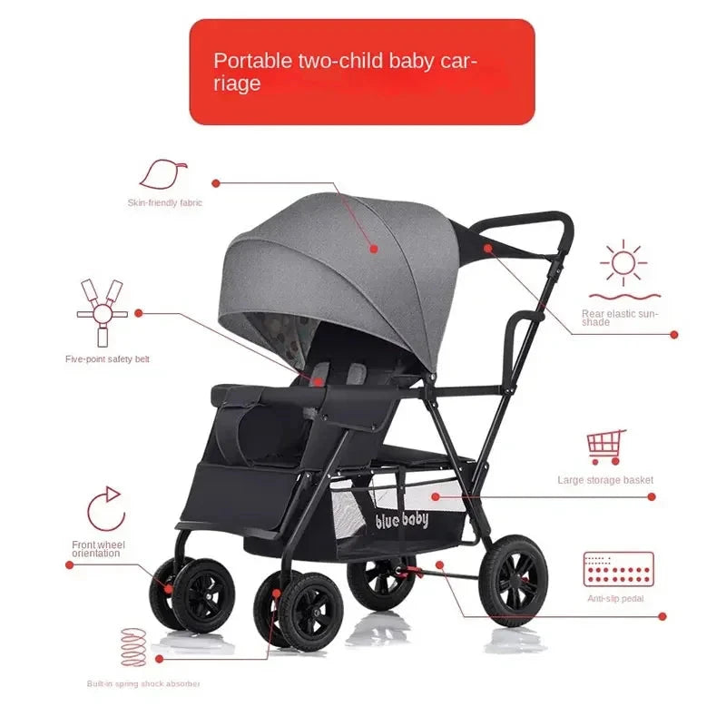 Baby Twin Stroller Removable Rear Seat 0-7 Years Old Double stroller One-key Folding Four-wheel Anti-skid Shock Absorption GlowCart
