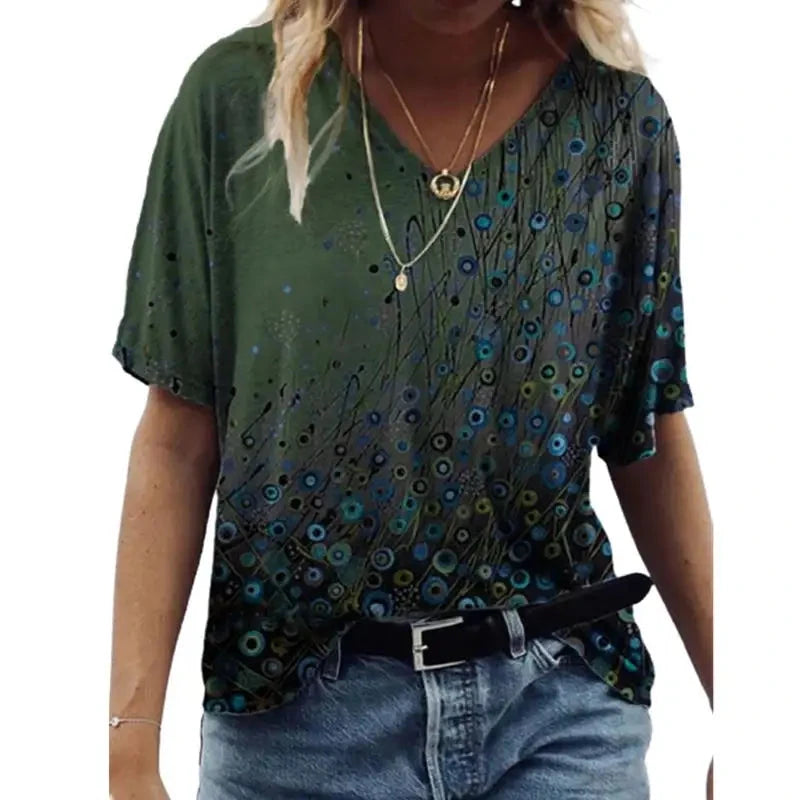 Women's T Shirts V-neck 3d Art Print Tops Loose Short Sleeve GlowCart