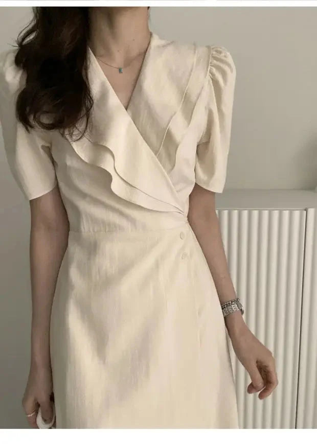 Summer New Chic V-ne Turn-down Collar Slimming Waist Midi Dr GlowCart