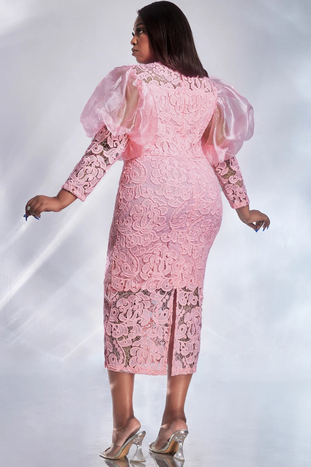 Women Plus Size Formal Dress Pink Lace Puff Sleeve See-Through Midi Dress Elegant Sweet Wedding Guest Cocktail Bodycon Dresses GlowCart