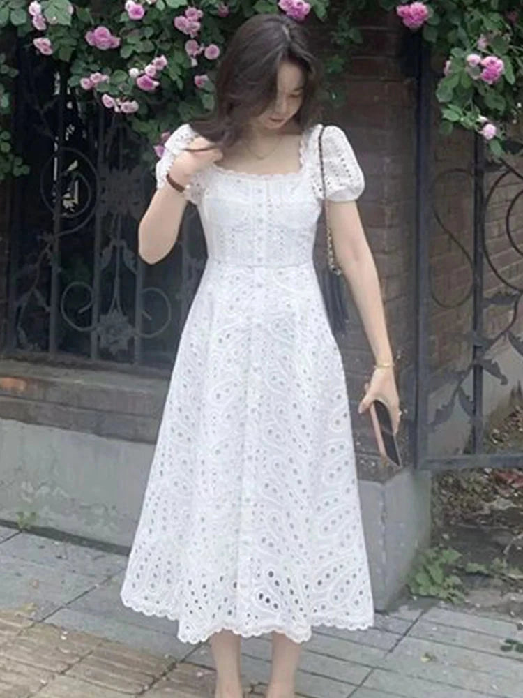 Korean Chic White Midi Dress Women French Hollow Out Sexy GlowCart