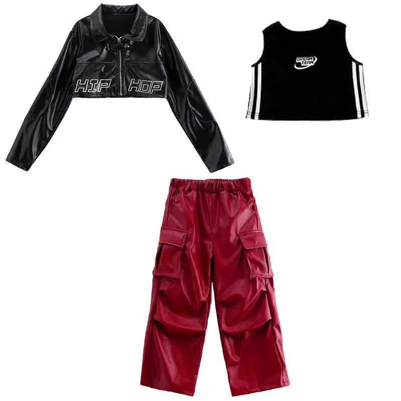 Jazz Dance Girls Clothes Kids Hip Hop Dance Costume Black Leather Crop Tops Hiphop Pants Catwalk Performance Clothing BL13600 GlowCart