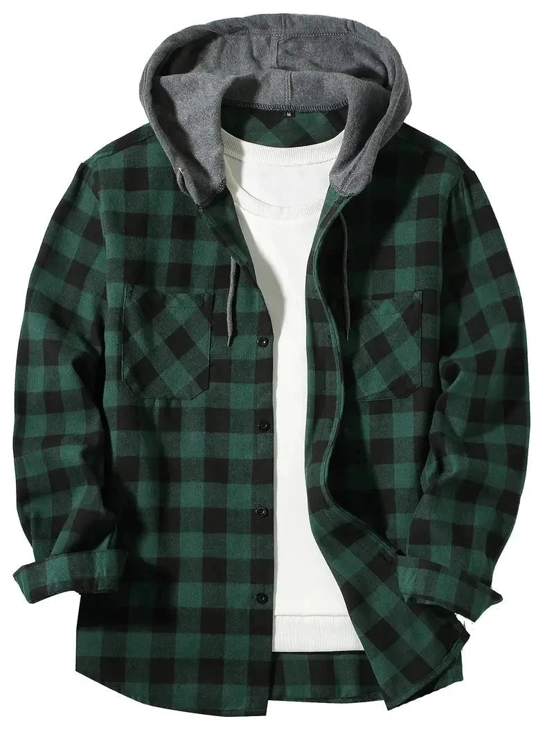 Youth Fashion Street Hooded Plaid Shirt Men's Slim Fit Long GlowCart