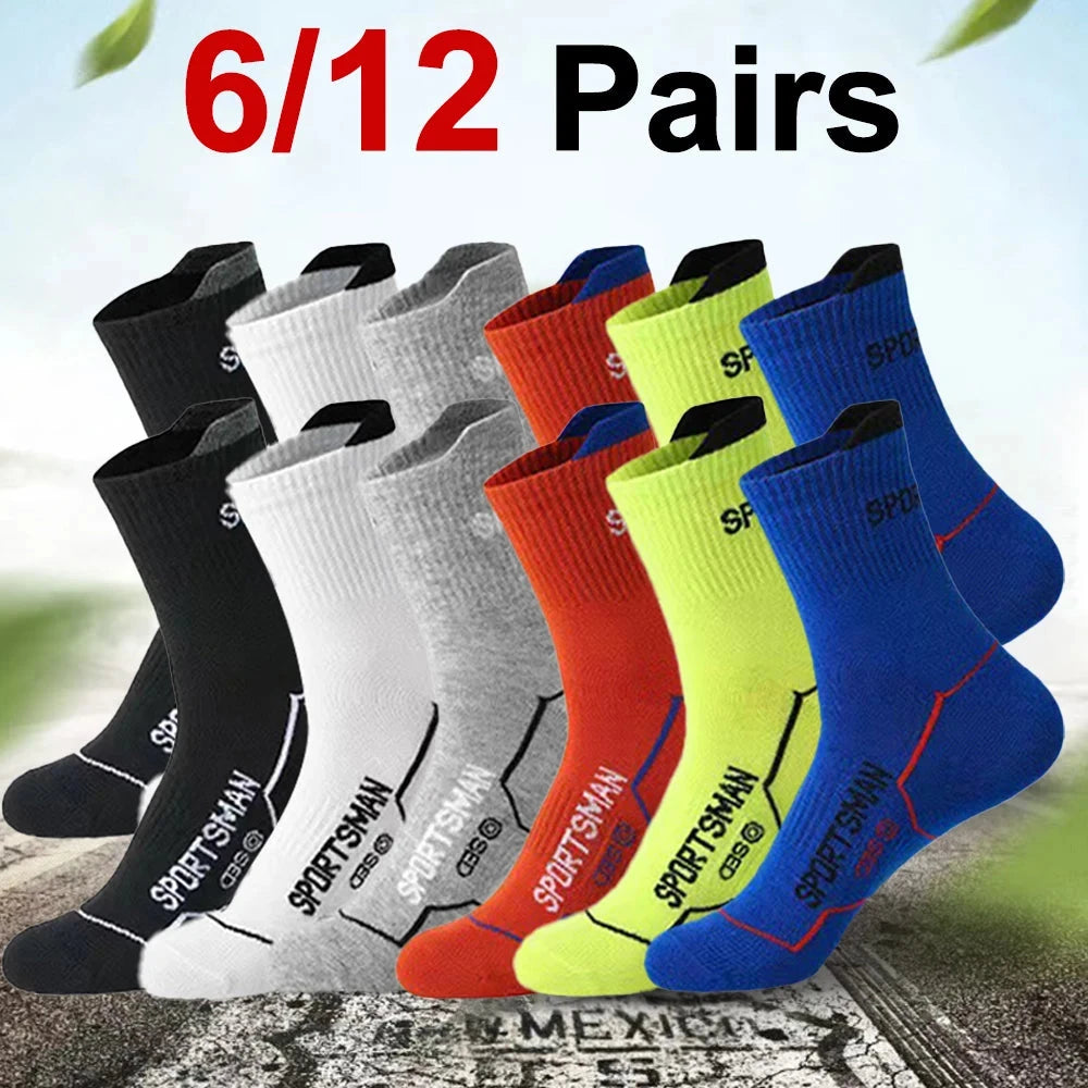 6/12 Pairs Men Mid Length Sports Socks Fashionable Geometric Patterns Breathable Odor Resistant Running Cycling Basketball Socks GlowCart