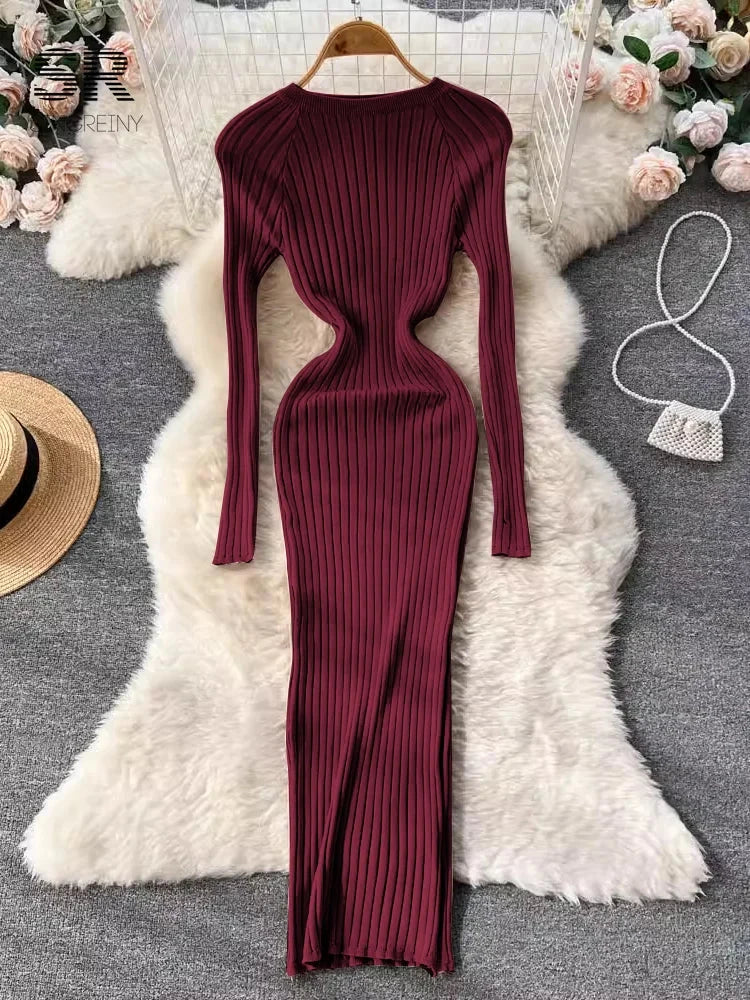 SINGREINY Winter Women Knit Maxi Dress O Neck Autumn Long GlowCart