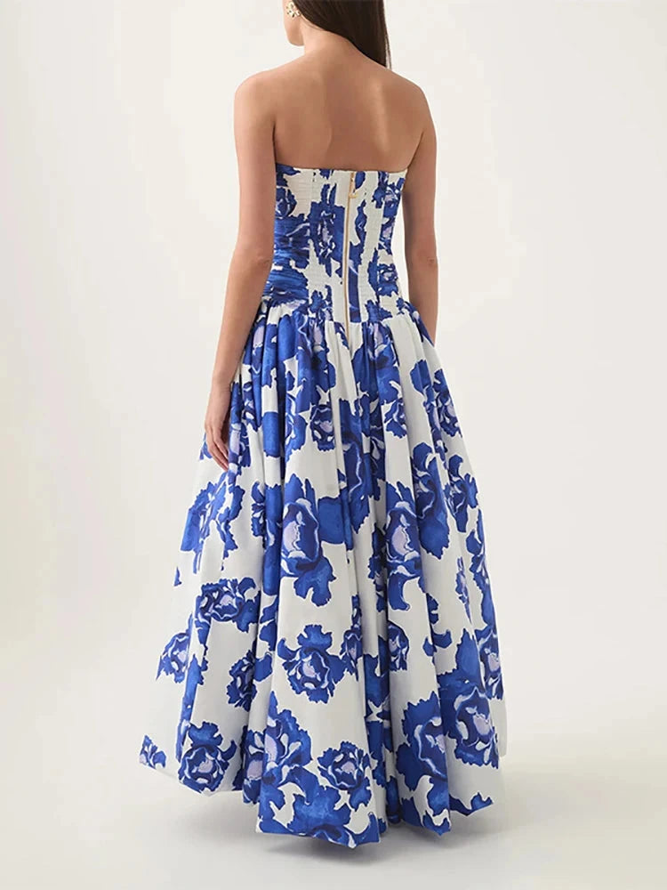 Sexy Strapless Printed Split Deign Long Bubble Dress Women GlowCart
