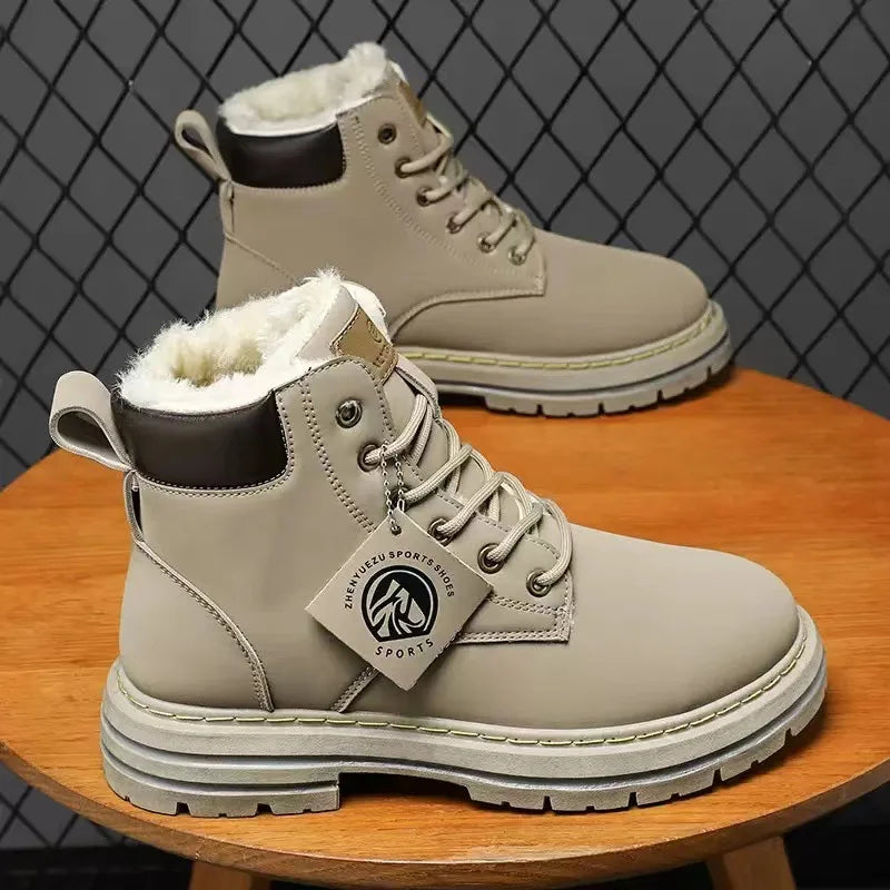 Men's Boots Lace Up 2024 Winter New High Top Leisure All-match Men's Casual Boots Non-slip Trend Rubber Men Flat Boots GlowCart