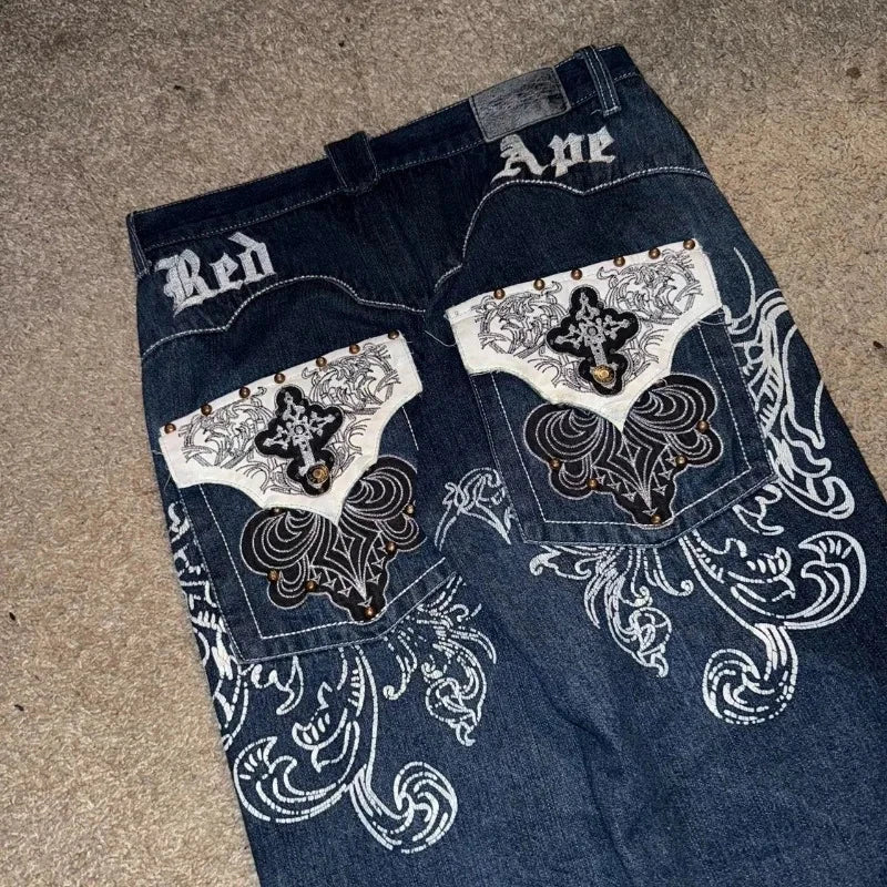 American New Pattern Embroidery Baggy Jeans Male Y2K High GlowCart