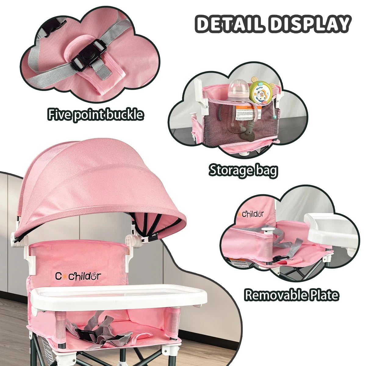 Portable children's dining chair, It can be used to increase the seat height with safety belt, foldable, and detachable plates GlowCart