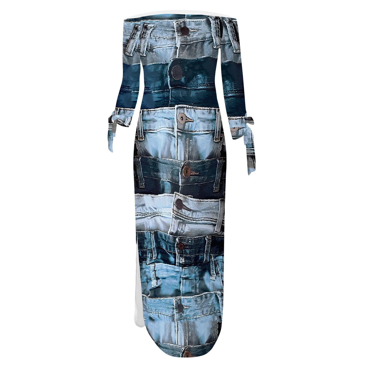 Denim Retro Print Long Sleeve Slim Fit Elegant Casual Slit One-Shoulder Neck Dress GlowCart