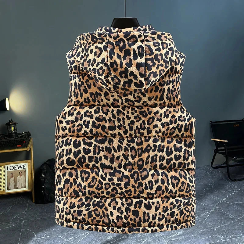 Winter Sleeveless Jacket Men Leopard Print Outerwear Vest GlowCart