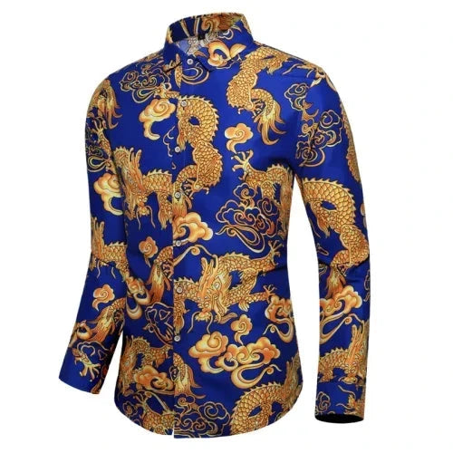 Thin Black Men's Long-sleeved Printed Shirt, Chinese Dragon GlowCart