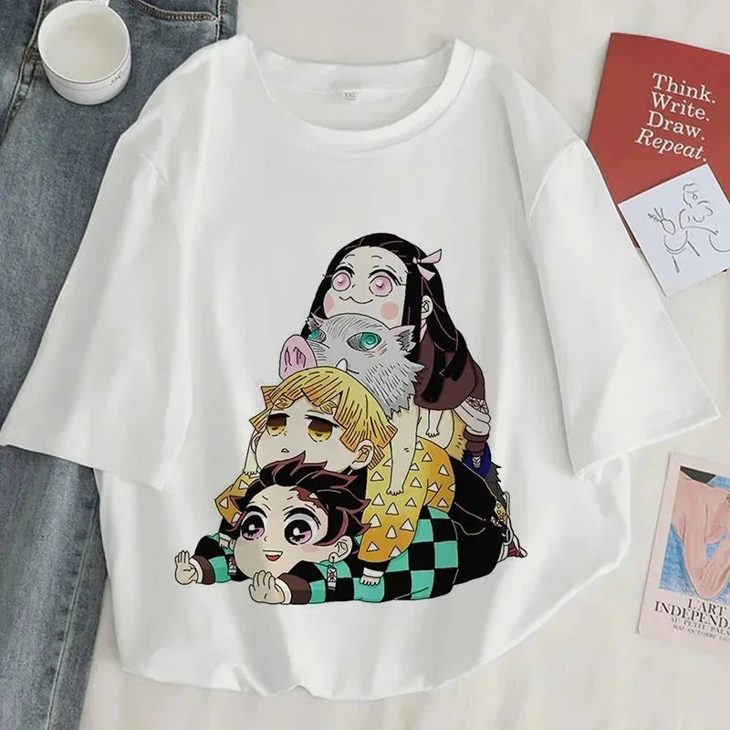 Demon Slayer Print T Shirt Women Harajuku Aesthetic White GlowCart
