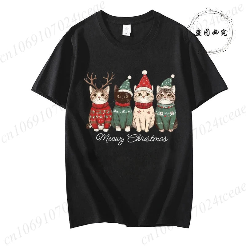 Meowy Christmas Cat Print Women Fashion T Shirt Girl O Neck GlowCart