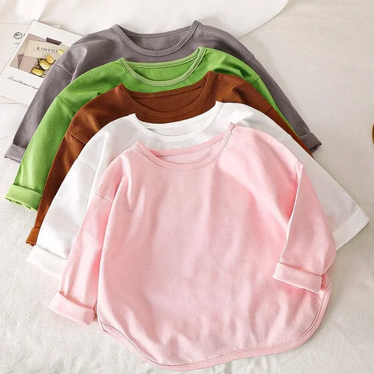 Autumn Boy Girl Baby O-neck Solid Bottoming Shirt Children Simple Casual Long Sleeves T-shirt Kid Cotton Tops Infant Unique Tees GlowCart